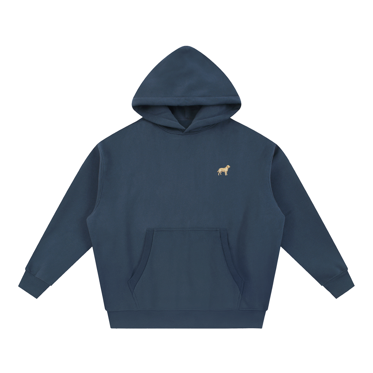 Labrador boxy hoodie in Navy with a small embroidered-look Labrador on the left chest