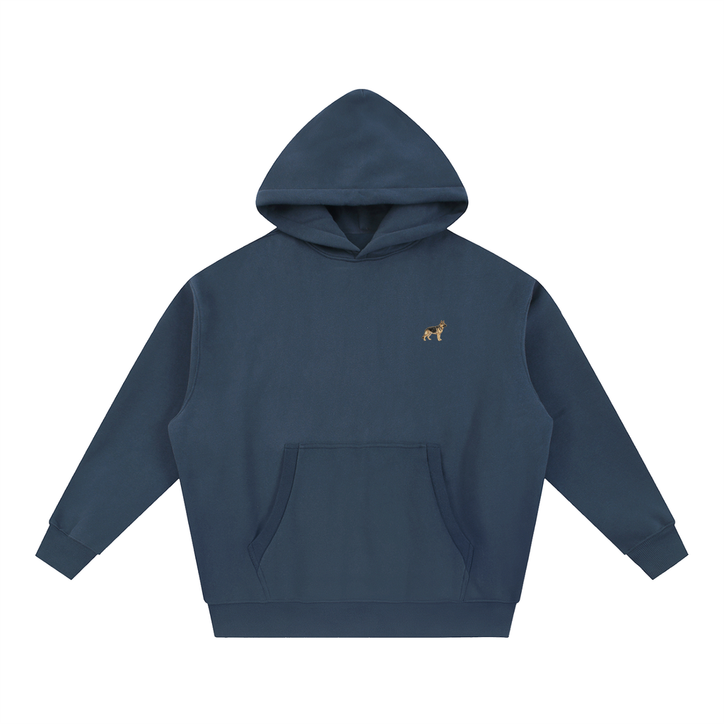 German Shepherd boxy hoodie in Navy with a small embroidered-look German Shepherd on the left chest
