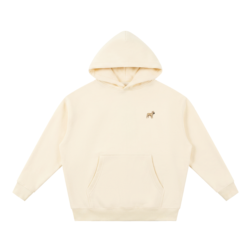 French Bulldog boxy hoodie in Apricot with a small embroidered-look French Bulldog on the left chest