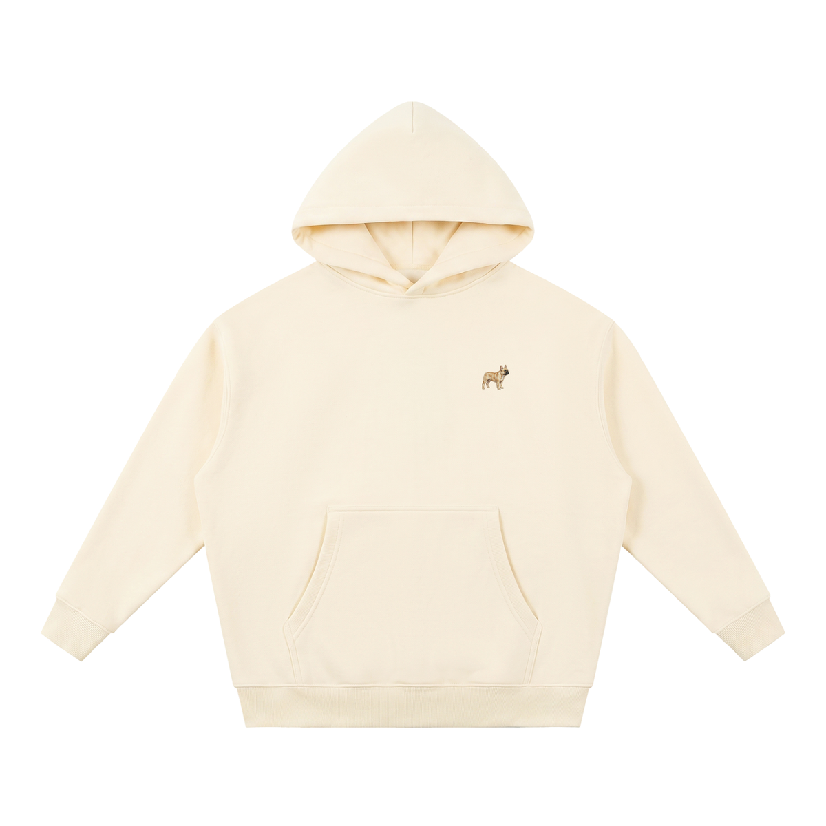 French Bulldog boxy hoodie in Apricot with a small embroidered-look French Bulldog on the left chest