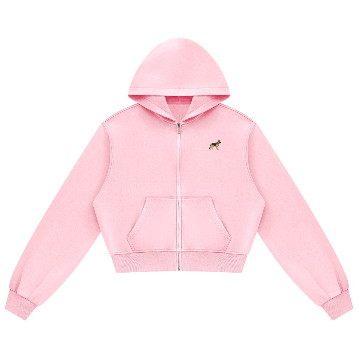 German Shepherd zip hoodie in Pink with a small embroidered-look German Shepherd on the left chest