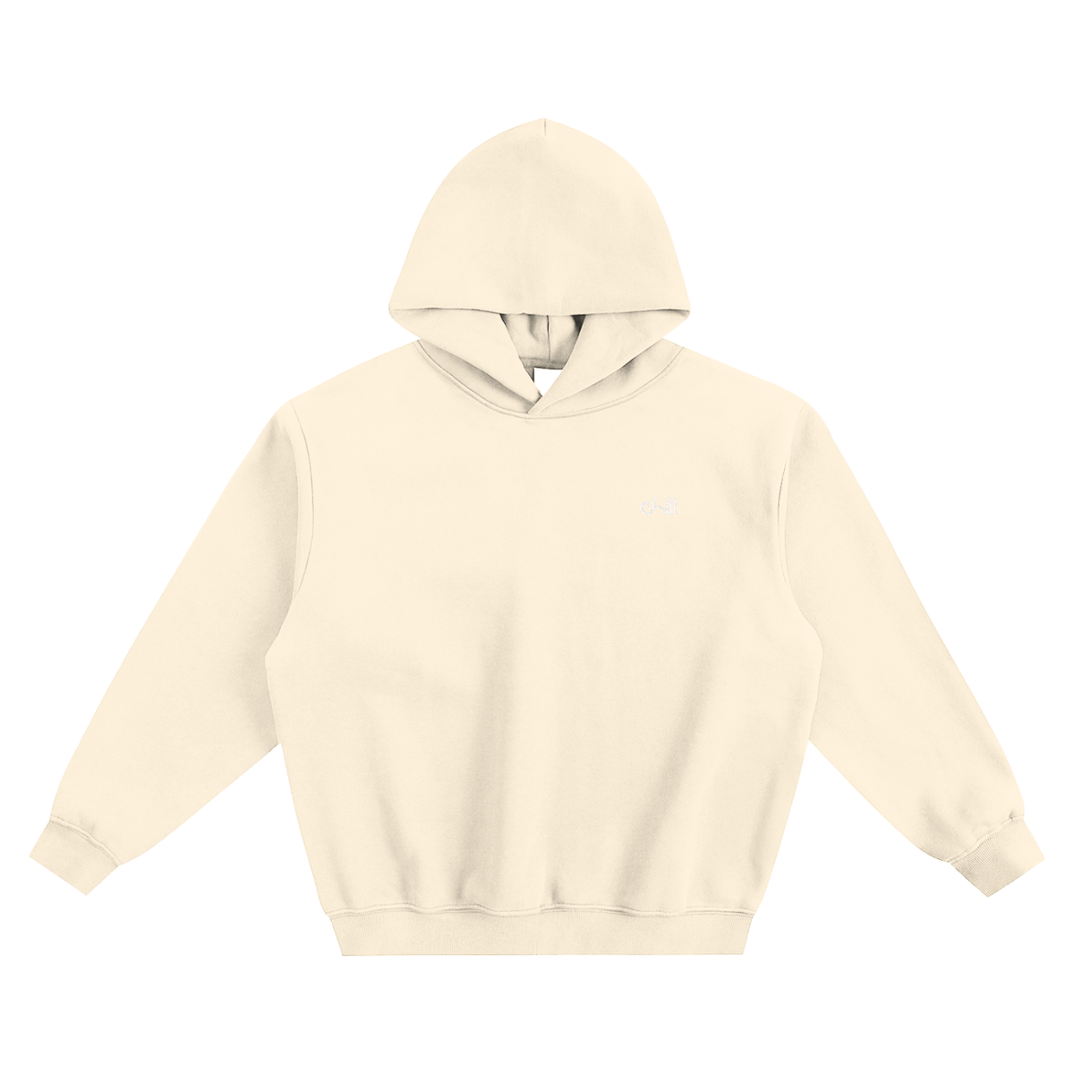 chill. boxy hoodie with chill. embroidered on the chest