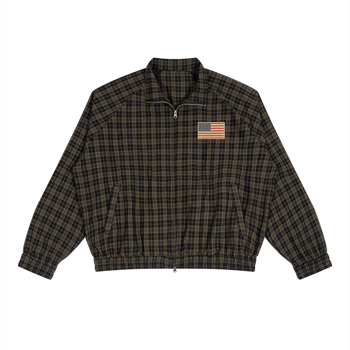 Black Check Harrington jacket with a small faded American flag badge on the chest