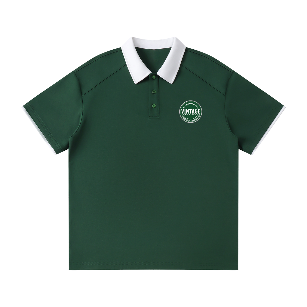 Contrast collar polo shirt with a small Vintage, Not Old badge on the chest