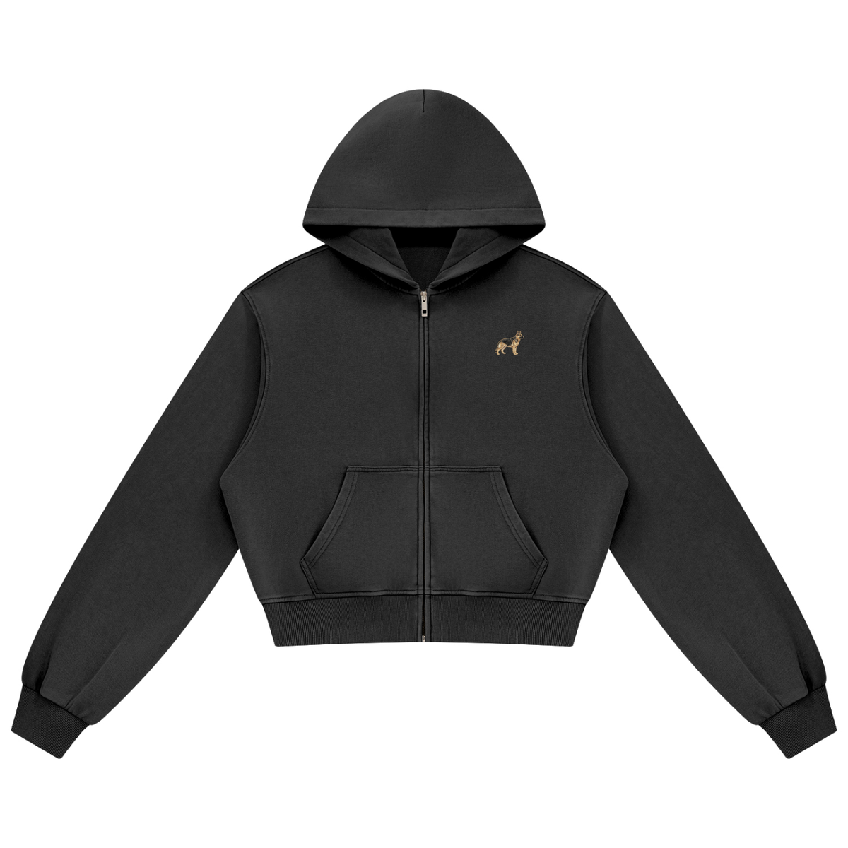 German Shepherd zip hoodie in Black with a small embroidered-look German Shepherd on the left chest