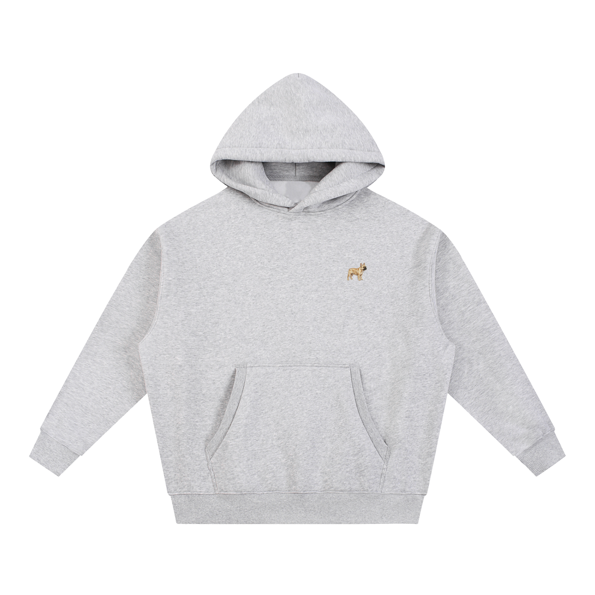 French Bulldog boxy hoodie in Flower Grey with a small embroidered-look French Bulldog on the left chest