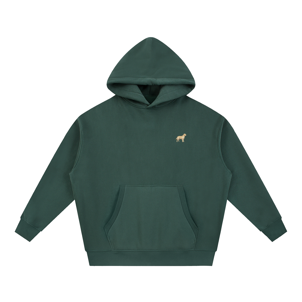 Labrador boxy hoodie in Dark Green with a small embroidered-look Labrador on the left chest