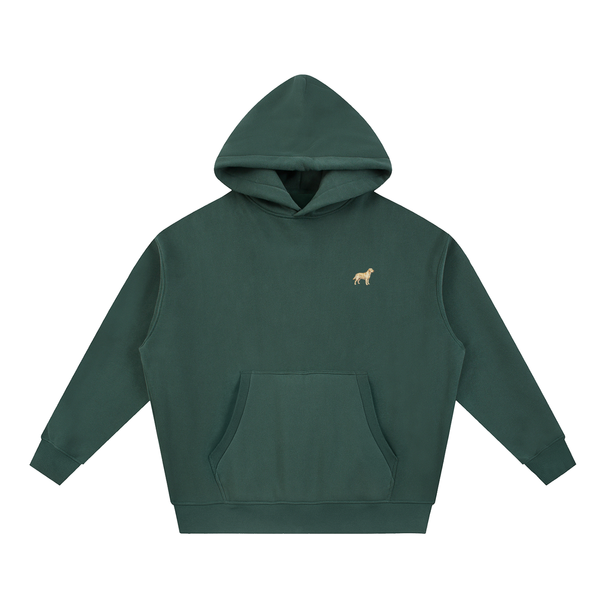 Labrador boxy hoodie in Dark Green with a small embroidered-look Labrador on the left chest