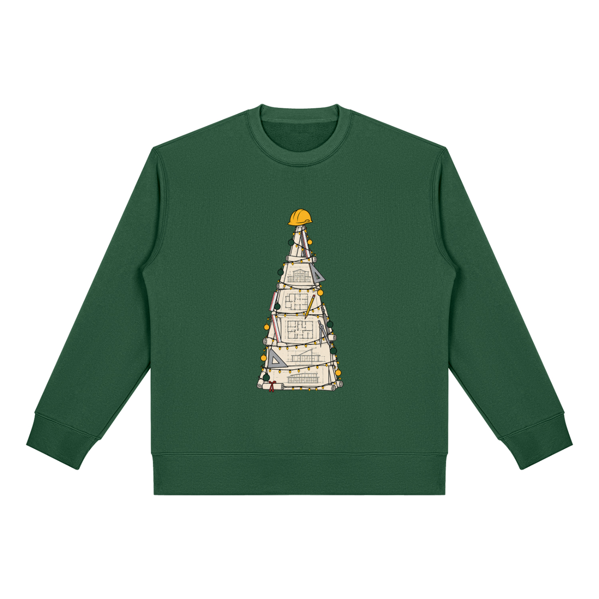 Christmas jumper printed with a Christmas tree made from building plans with a hard hat on top