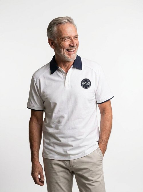 Older man wearing the Classic Contrast Collar Polo Shirt with contrast collar and cuffs