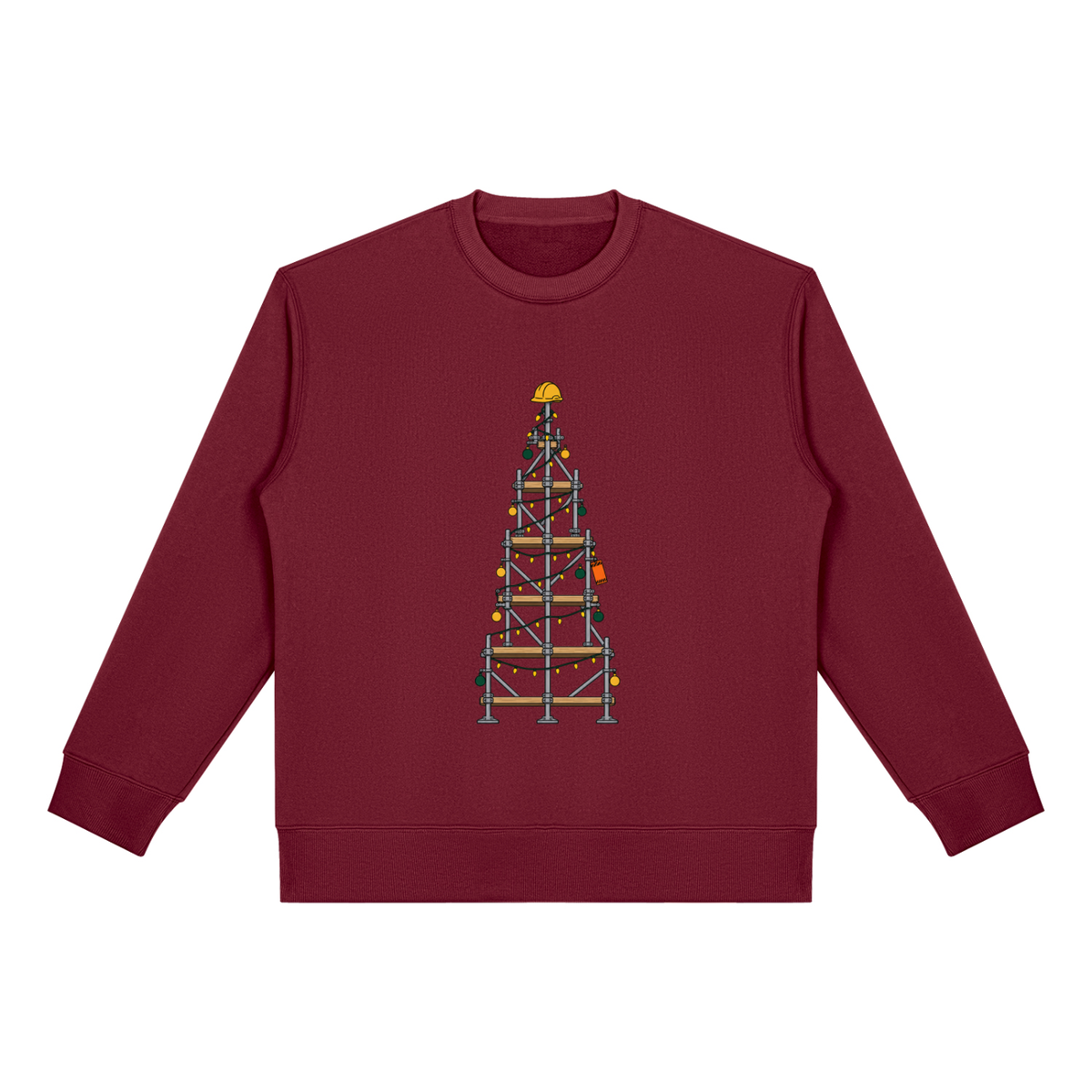 Christmas jumper printed with a scaffold tower decorated as a Christmas tree with a hard hat on top
