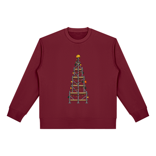 Christmas jumper printed with a scaffold tower decorated as a Christmas tree with a hard hat on top