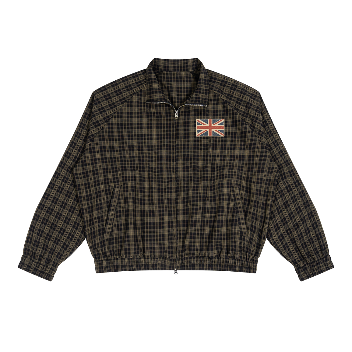 Check Harrington jacket with a faded Union Jack badge on the chest