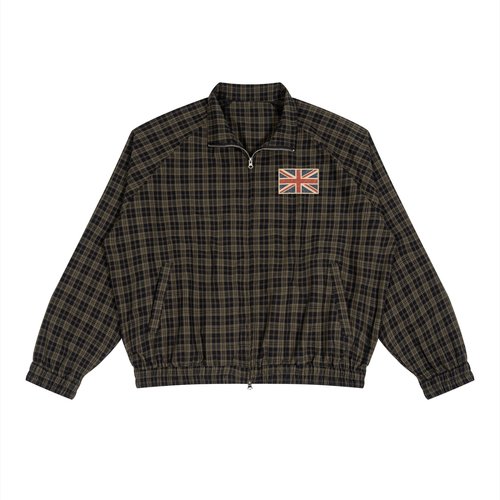 Check Harrington jacket with a faded Union Jack badge on the chest