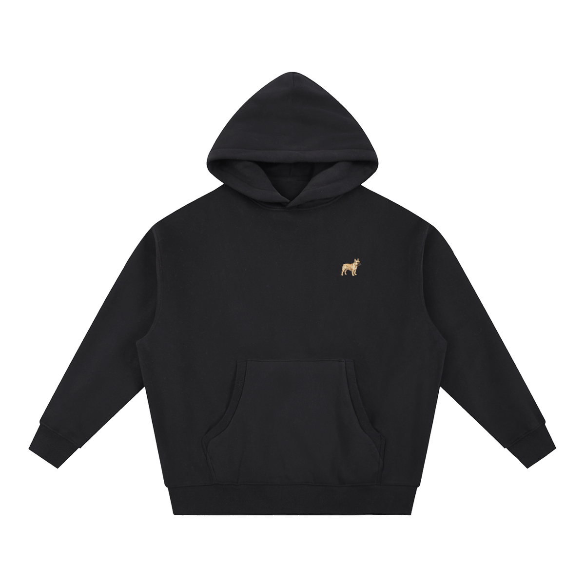 French Bulldog boxy hoodie in Black with a small embroidered-look French Bulldog on the left chest
