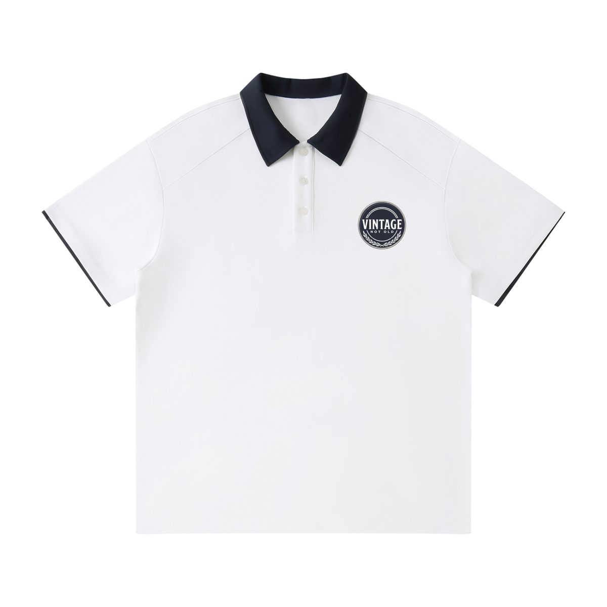 Contrast collar polo shirt with a small Vintage, Not Old badge on the chest