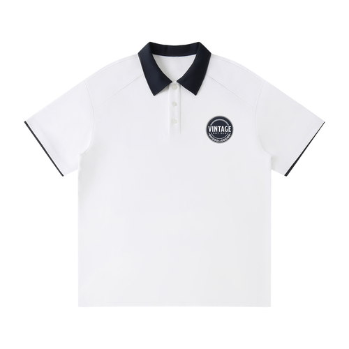 Contrast collar polo shirt with a small Vintage, Not Old badge on the chest