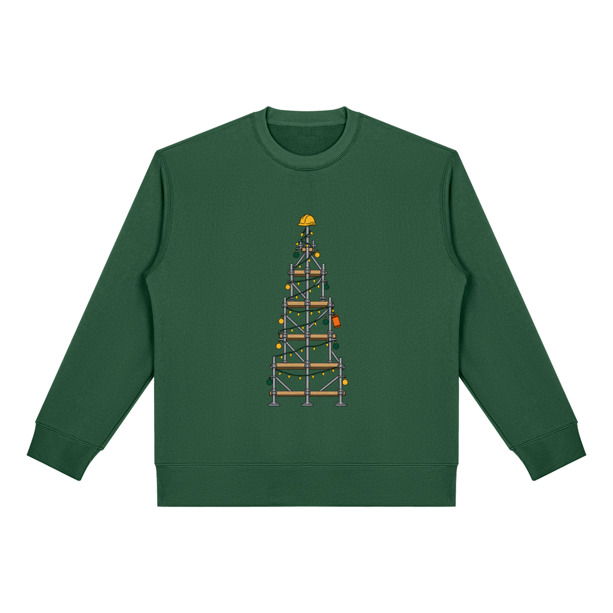 Christmas jumper printed with a scaffold tower decorated as a Christmas tree with a hard hat on top