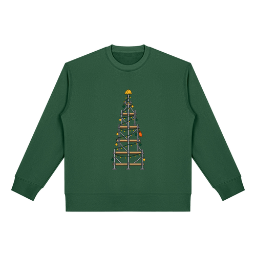 Christmas jumper printed with a scaffold tower decorated as a Christmas tree with a hard hat on top