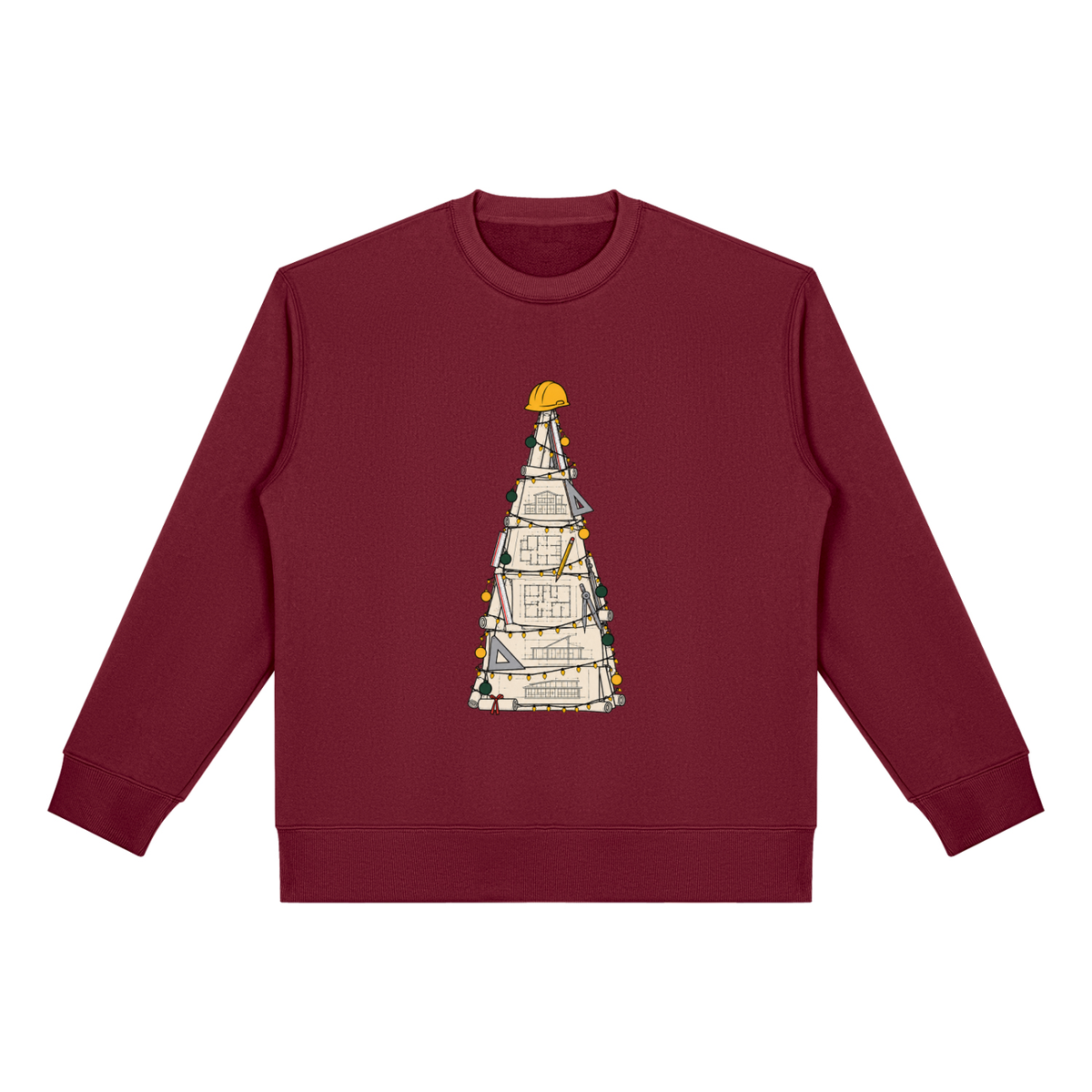 Christmas jumper printed with a Christmas tree made from building plans with a hard hat on top