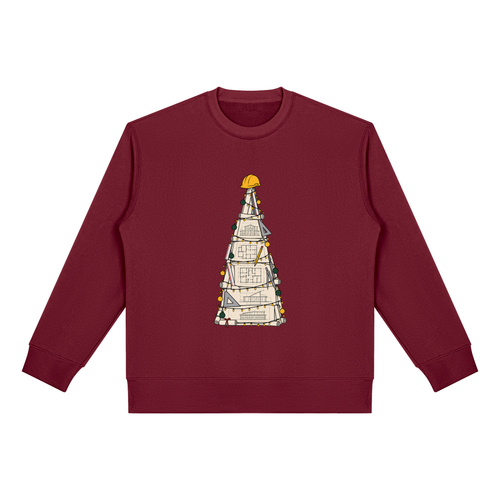 Christmas jumper printed with a Christmas tree made from building plans with a hard hat on top