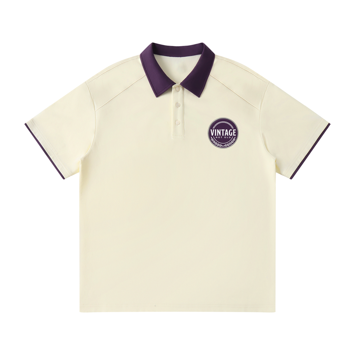 Contrast collar polo shirt with a small Vintage, Not Old badge on the chest