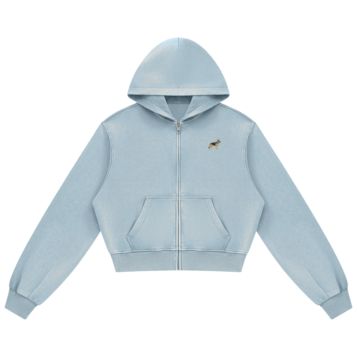 German Shepherd zip hoodie in Haze Blue with a small embroidered-look German Shepherd on the left chest