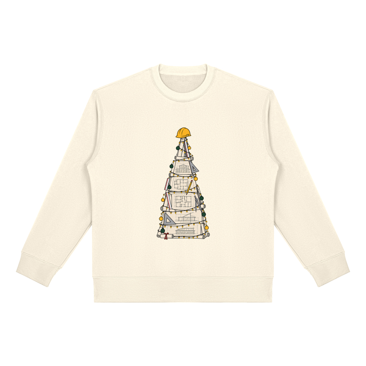 Christmas jumper printed with a Christmas tree made from building plans with a hard hat on top