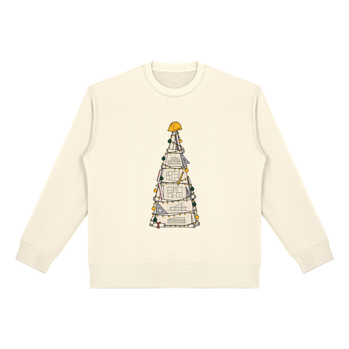 Christmas jumper printed with a Christmas tree made from building plans with a hard hat on top