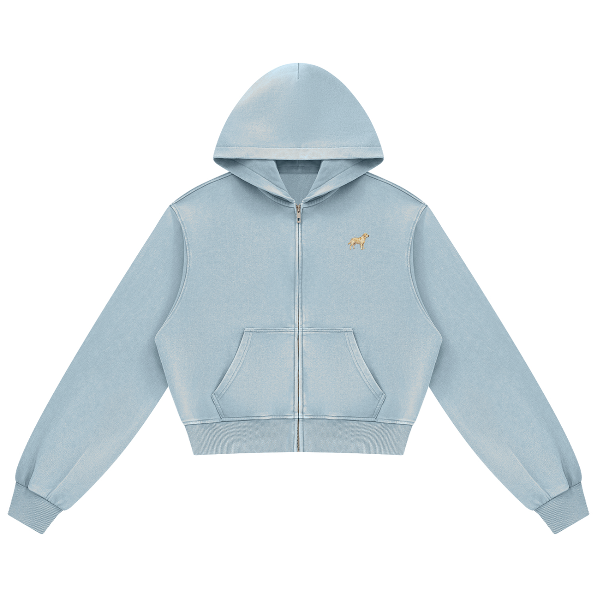 Labrador zip hoodie in Haze Blue with a small embroidered-look Labrador on the left chest