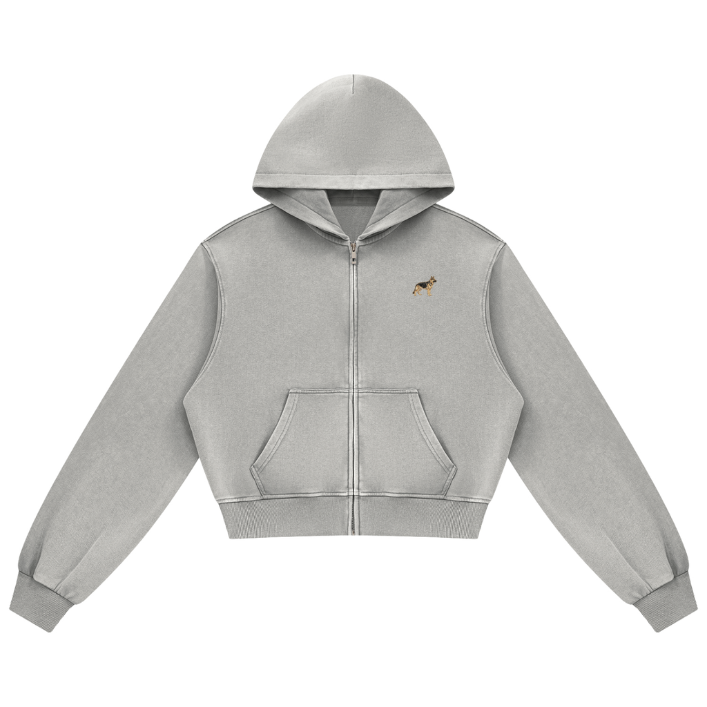 German Shepherd zip hoodie in Light Grey with a small embroidered-look German Shepherd on the left chest