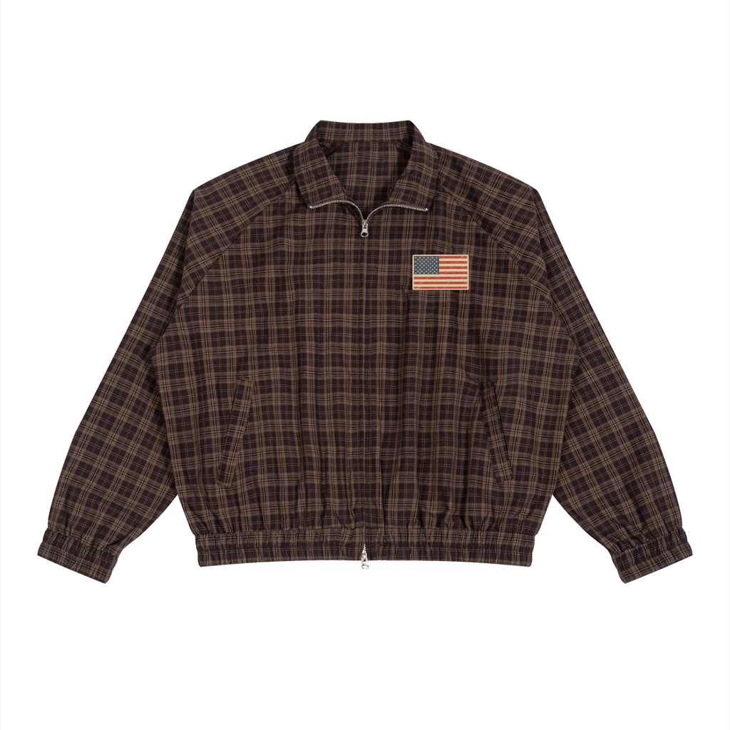 Red Check Harrington jacket with a small faded American flag badge on the chest