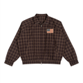 Red Check Harrington jacket with a small faded American flag badge on the chest