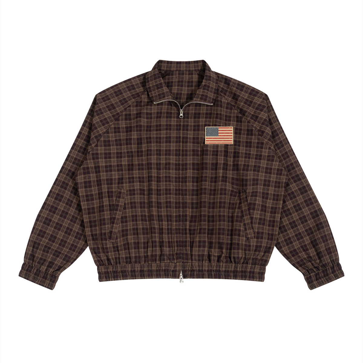 Red Check Harrington jacket with a small faded American flag badge on the chest