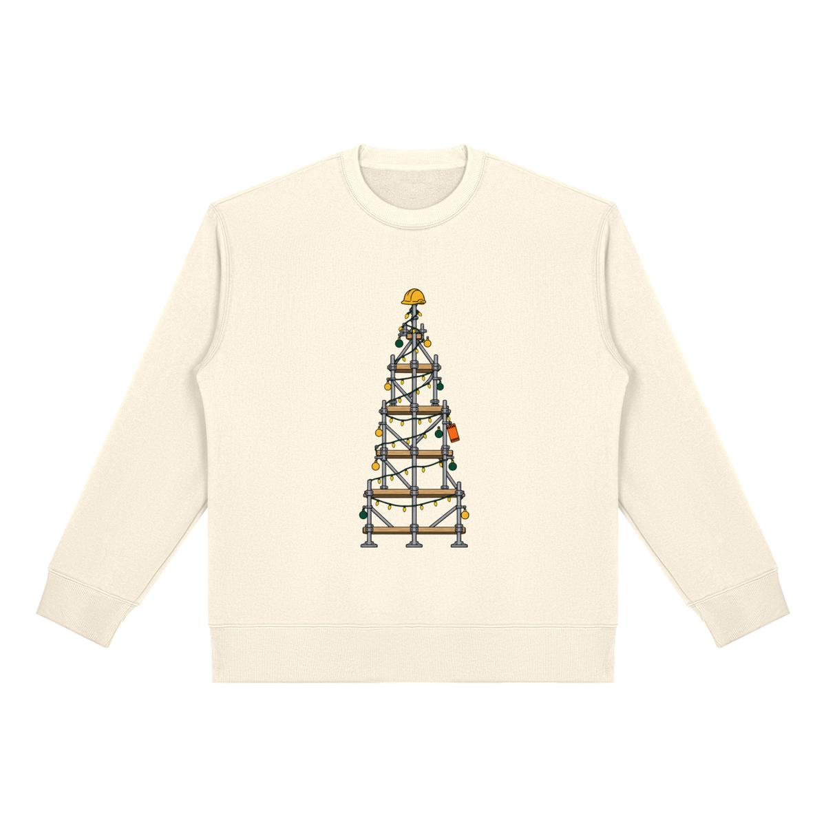 Christmas jumper printed with a scaffold tower decorated as a Christmas tree with a hard hat on top