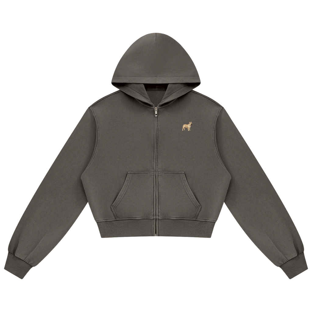 French Bulldog zip hoodie in Coffee with a small embroidered-look French Bulldog on the left chest