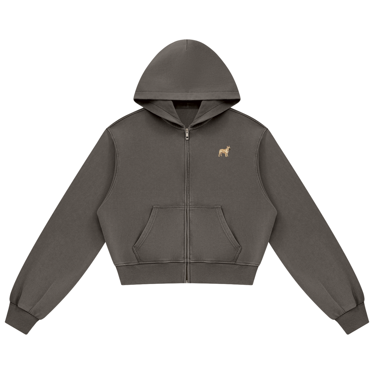 French Bulldog zip hoodie in Coffee with a small embroidered-look French Bulldog on the left chest
