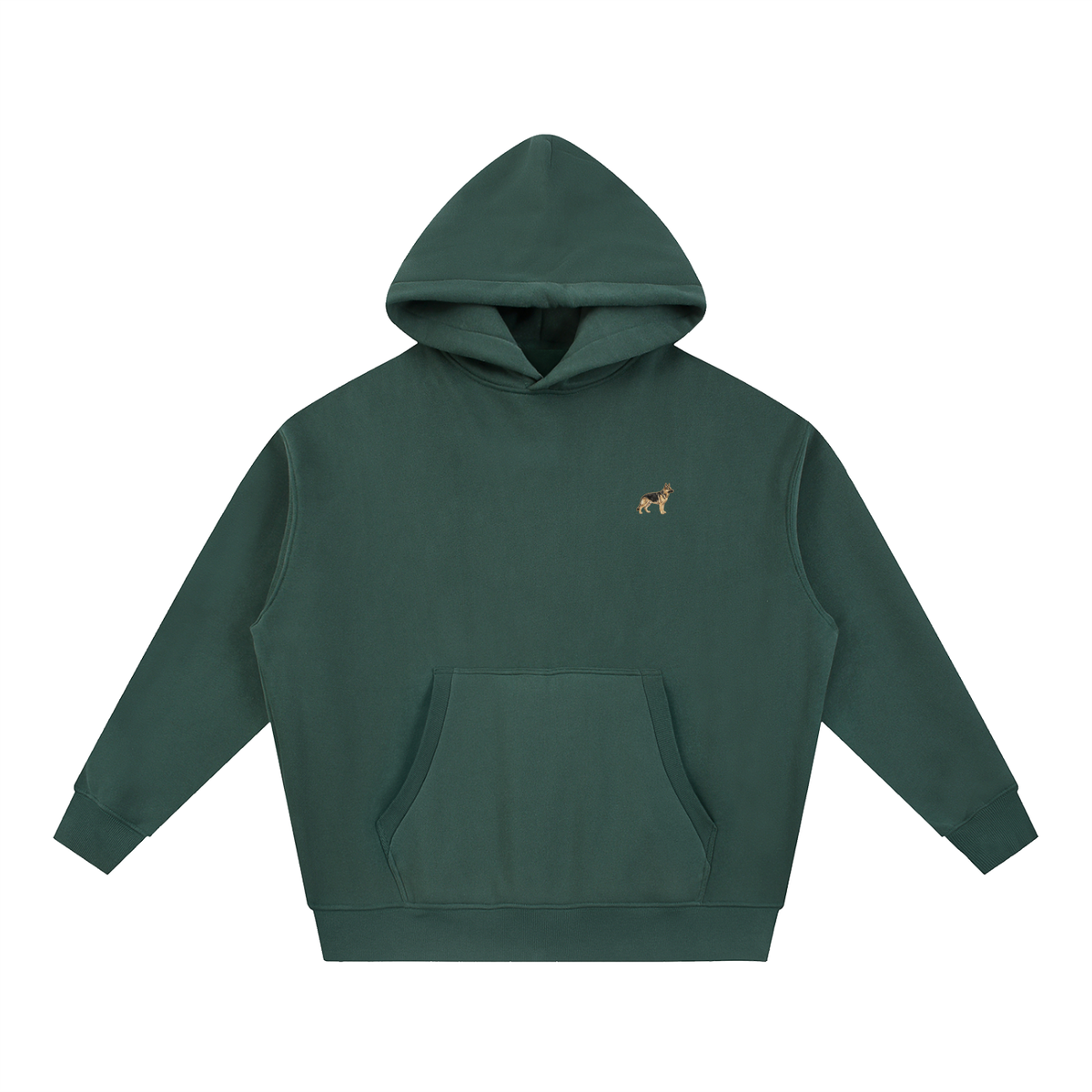 German Shepherd boxy hoodie in Dark Green with a small embroidered-look German Shepherd on the left chest
