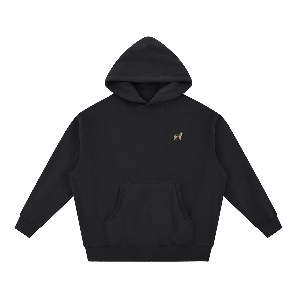 German Shepherd boxy hoodie in Black with a small embroidered-look German Shepherd on the left chest